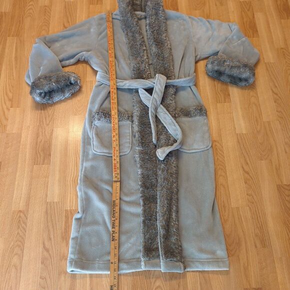 Pottery Barn Bathrobe Faux Fur Trim Gray Womens Long Plush Cozy - Picture 2 of 6